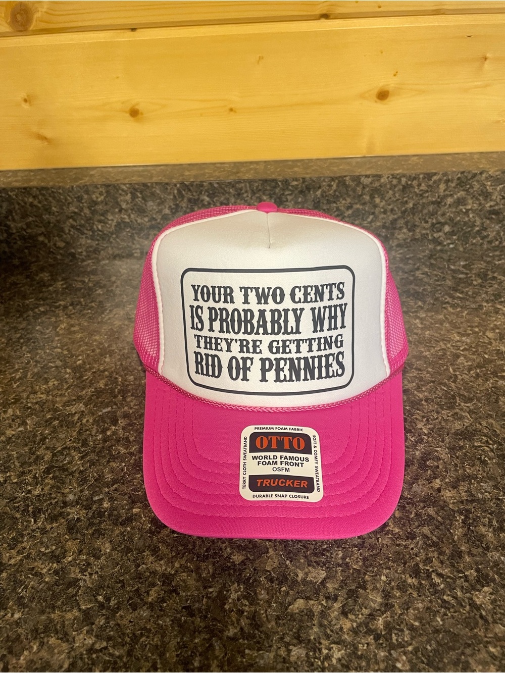 OTTO Pink and White Trucker Hat with Funny Front Print